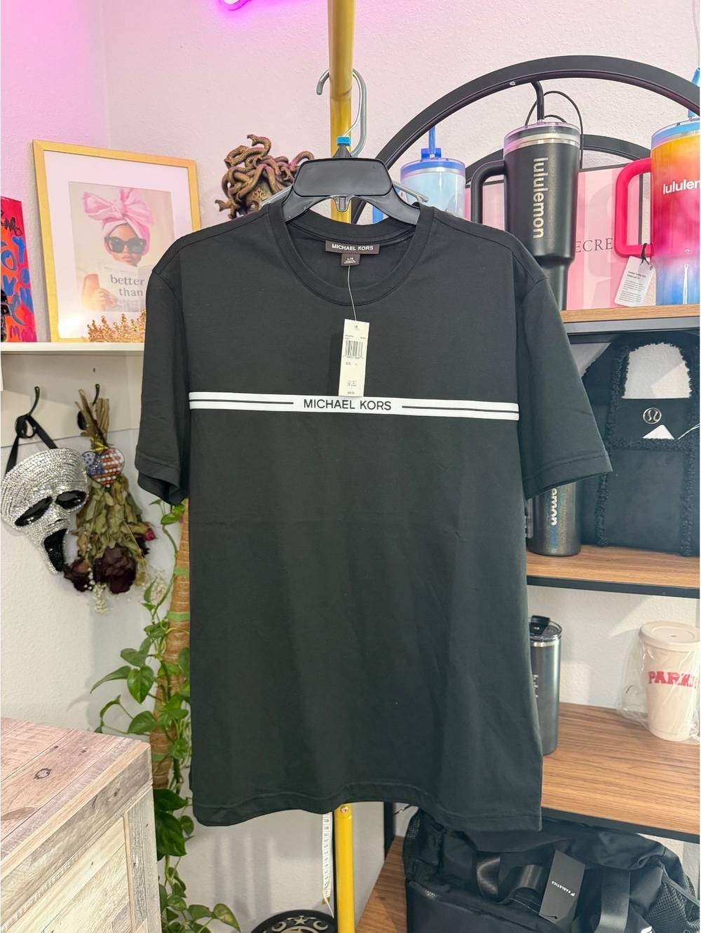 Michael Kors Black Logo Stripe T-Shirt - Size Large NWT
